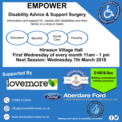 Wednesday 7th March 2018 11am - 1pm in Hirwaun Village Hall