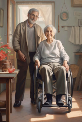 Elderly woman in a wheelchair with an elderly man in a brown coat standing next to her.